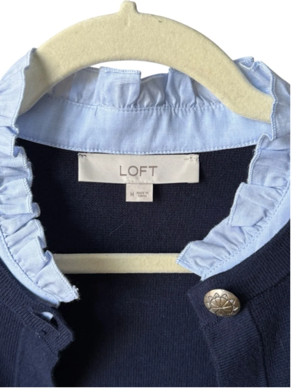 Women's LOFT Navy Cardigan with Light Blue Ruffle Collar M